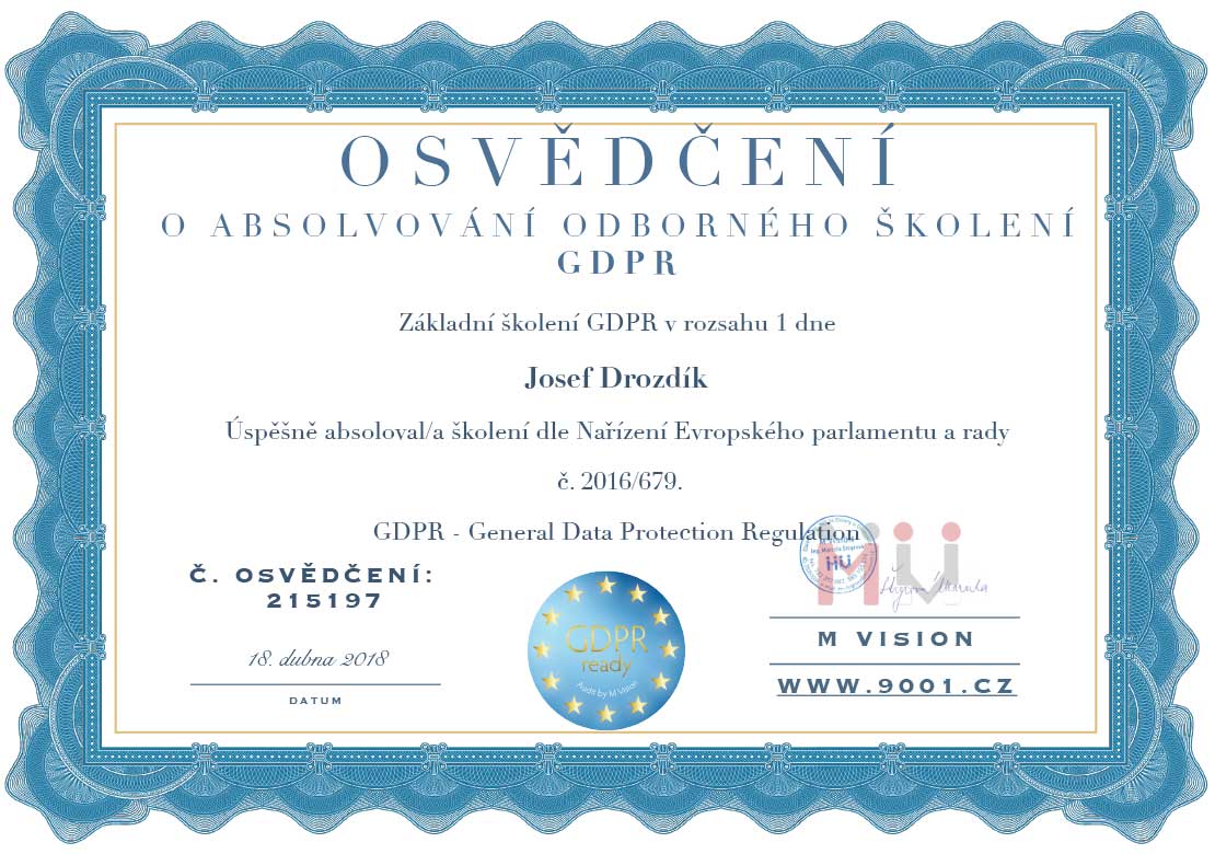 GDPR Josef Drozdík Osvědčení