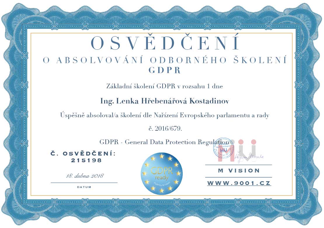 GDPR Lenka Hřebenářová Osvědčení